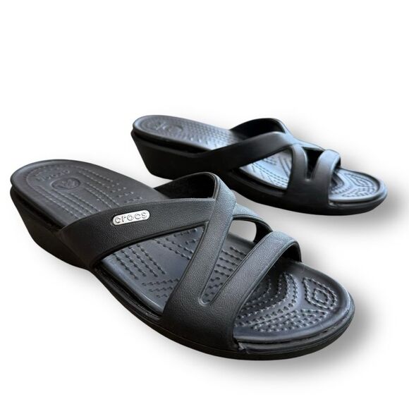 Crocs Patricia Black Criss Cross Wedge Sandals Women's Size 7 - Picture 1 of 12